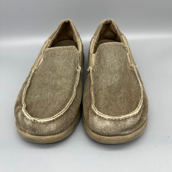 Crocs Kids j6 Beige Canvas Loafer Santa Cruz 2 Slip-On Moc Toe Comfort Shoes - Picture 3 of 8